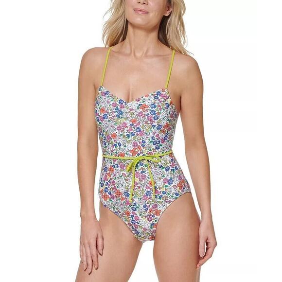 Tommy Hilfiger PENELOPE FLORAL SOFT WHITE One Piece Belted Swimsuit 8 NWT - Picture 1 of 5